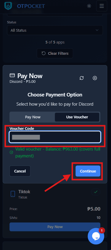 Enter voucher, verify balance, and continue